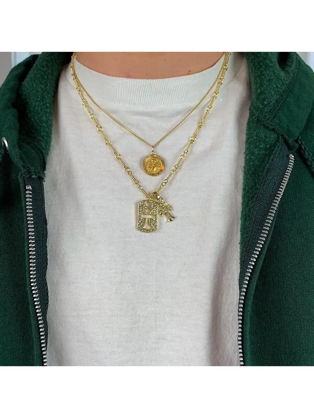 y2k 2000s style grunge gold chrome rhinestone cross dog tag style pendant